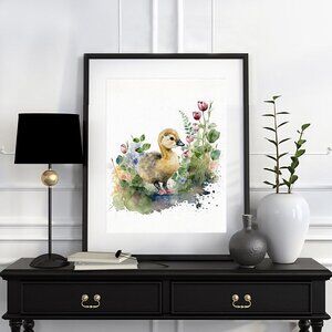 8x10 Cute Baby Gosling Floral Oil Painting Watercolor Art‎ Print